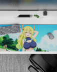 Pastel sky-blue anime desk pad 36x16 inches with fluffy clouds, sunny vibe, and mint-green hair accents.