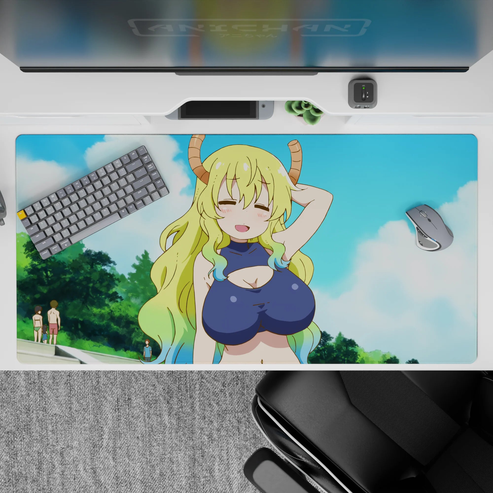 Playful sky-blue anime desk pad 40x20 inches with fluffy clouds, golden-to-mint hair accents.