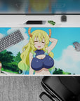 Playful sky-blue anime desk pad 40x20 inches with fluffy clouds, golden-to-mint hair accents.