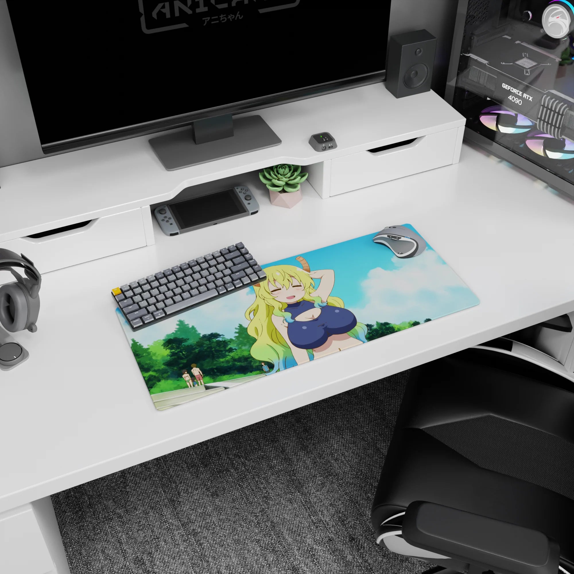 28x12 inches Miss Kobayashi’s Dragon Maid mouse pad showing Tohru’s goofy proud smile in a cloud scene.