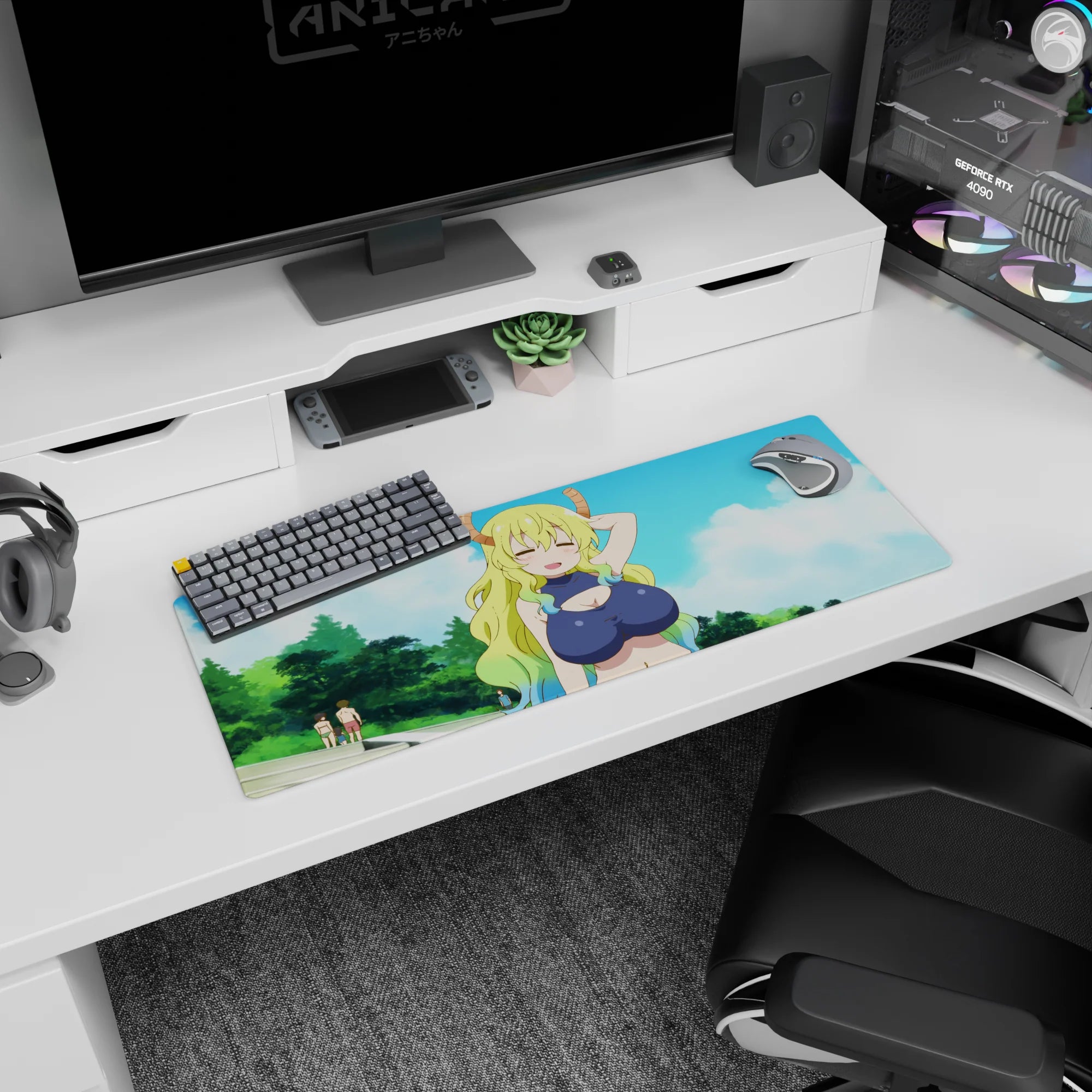 32x12 inches Miss Kobayashi’s Dragon Maid mouse pad featuring Tohru’s goofy proud smile in a sunny sky scene.