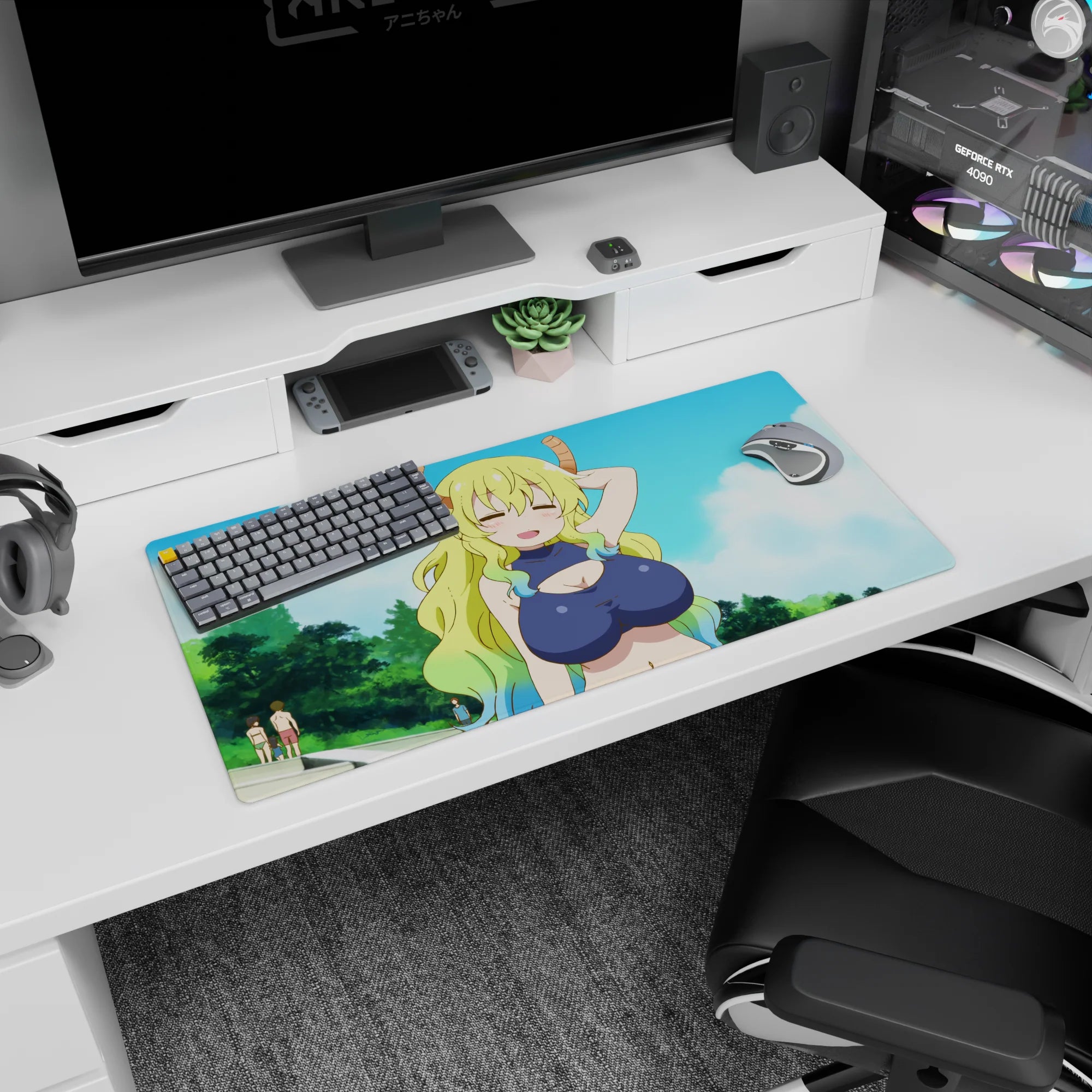 32x16 inches Miss Kobayashi’s Dragon Maid mouse pad featuring Tohru’s goofy proud grin under blue sky.