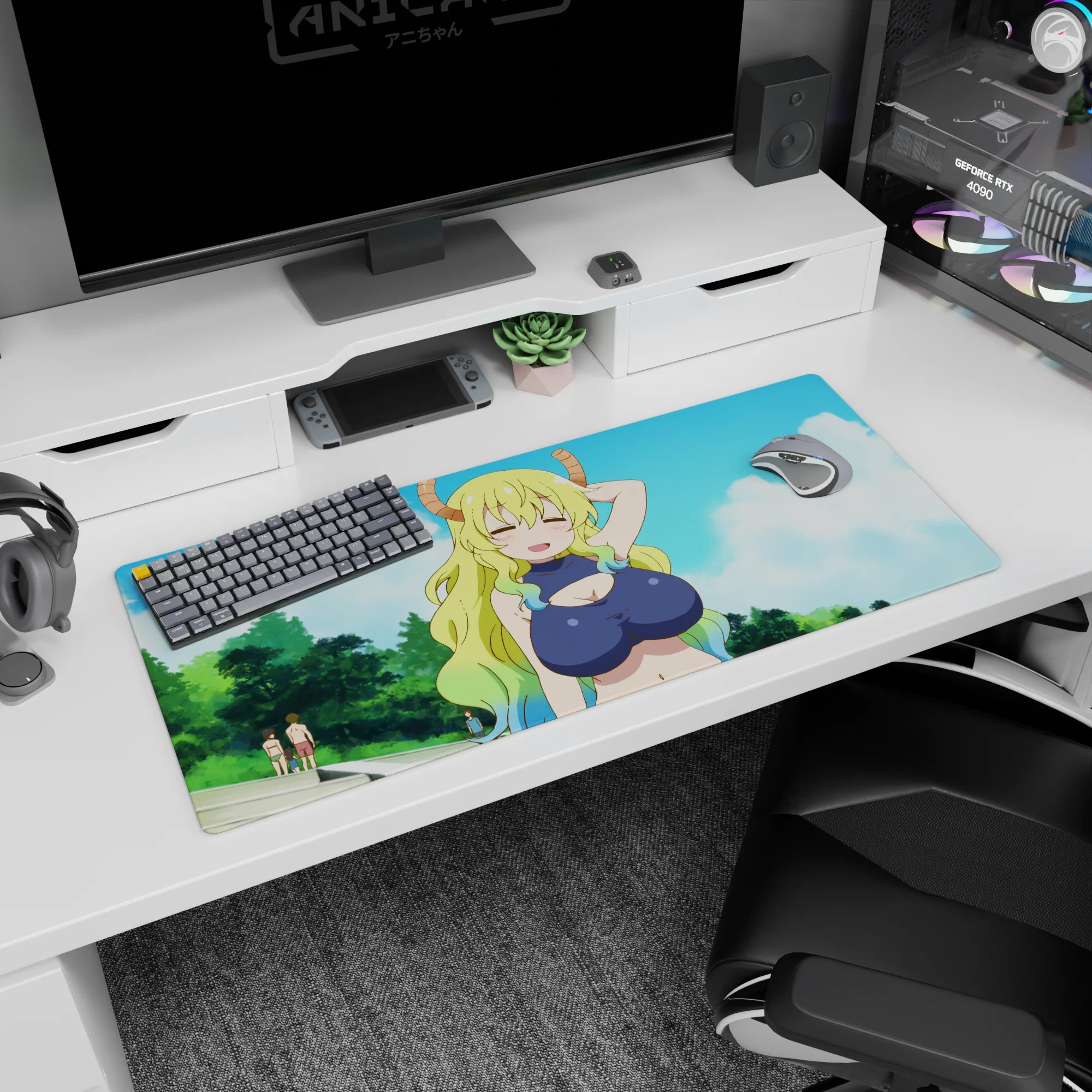 Miss Kobayashi’s Dragon Maid Tohru desk pad 36x16 inches, proud goofy smile against bright outdoor sky.