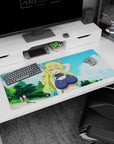 Miss Kobayashi’s Dragon Maid Tohru desk pad 36x16 inches, proud goofy smile against bright outdoor sky.