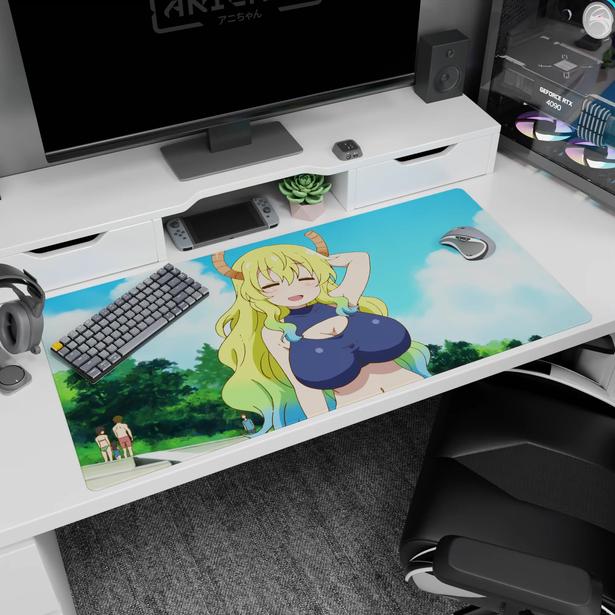 Miss Kobayashi’s Dragon Maid Tohru desk pad 40x20 inches, goofy proud grin under bright clouds.