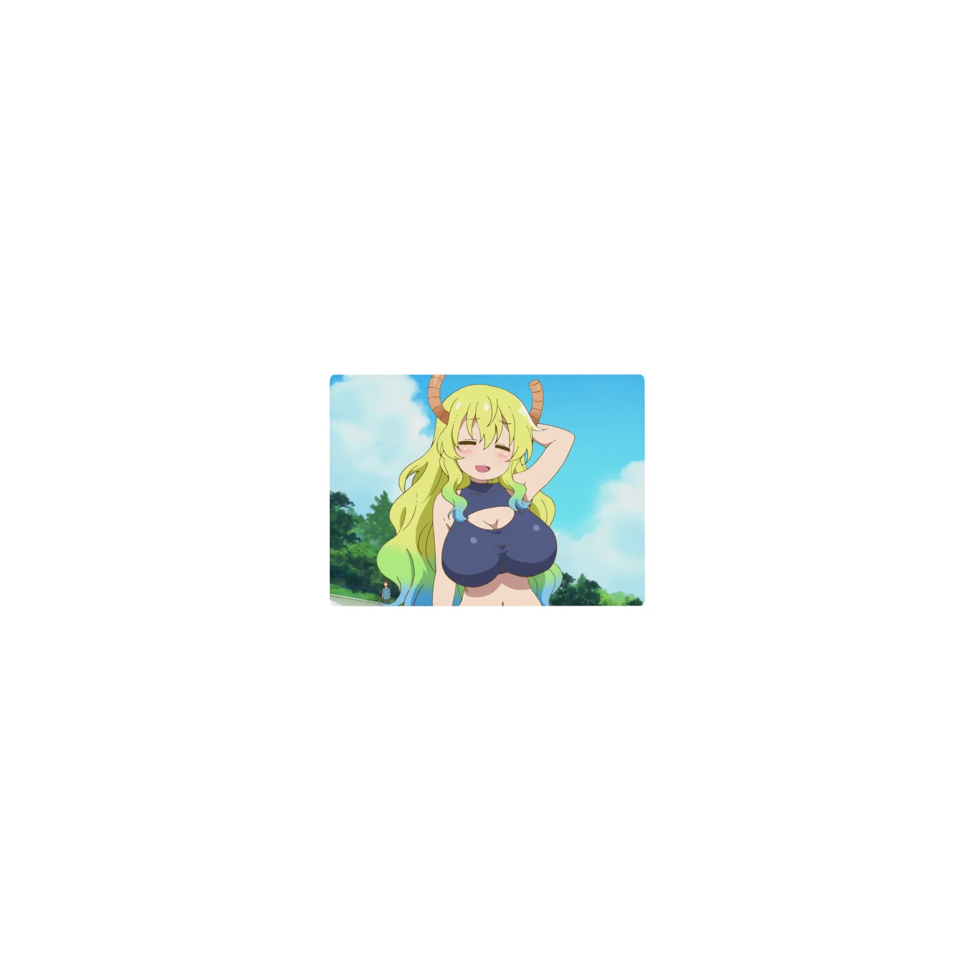 Classic anime girl mouse pad 14x10 inches with Tohru smiling, sky-blue clouds backdrop, smooth glide.