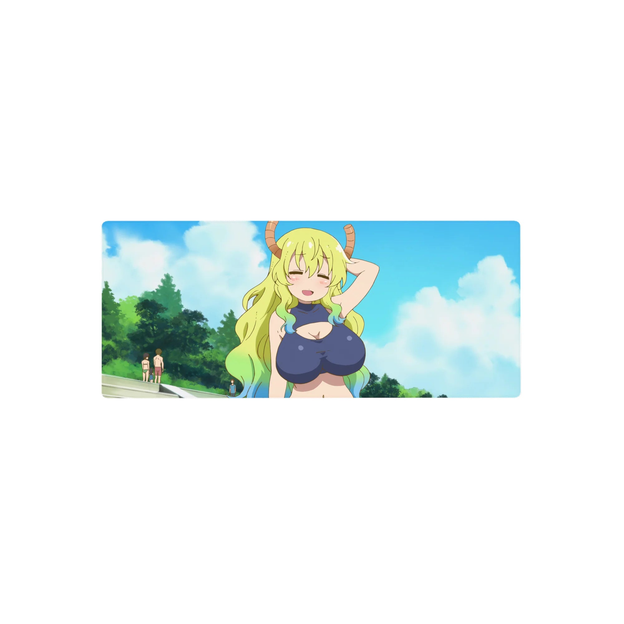 28x12 inches anime girl mouse pad with Tohru smiling against a blue sky and fluffy clouds, non-slip base.