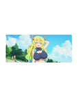 28x12 inches anime girl mouse pad with Tohru smiling against a blue sky and fluffy clouds, non-slip base.