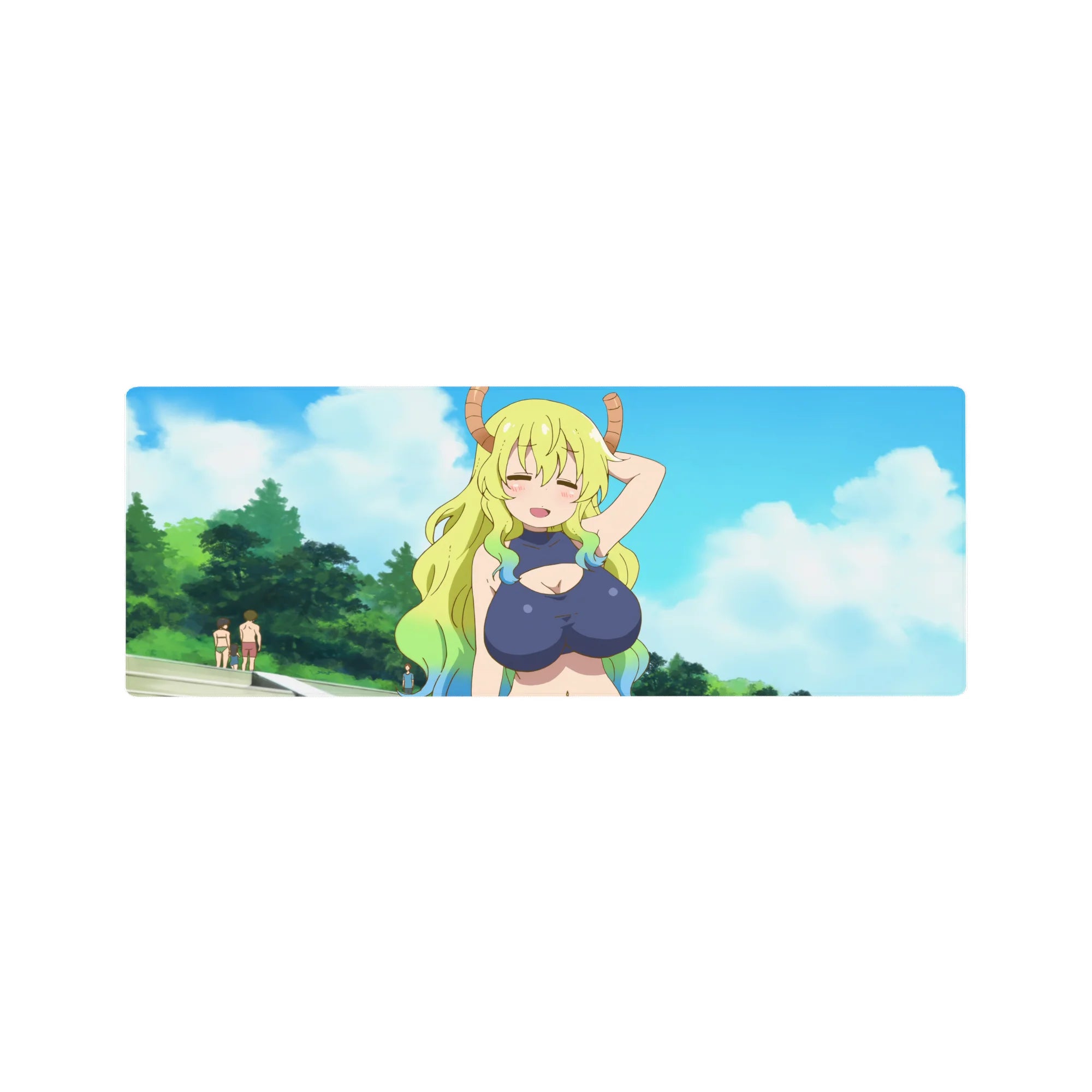 32x12 inches anime girl mouse pad with Tohru smiling, clouds backdrop, smooth glide and grippy base.