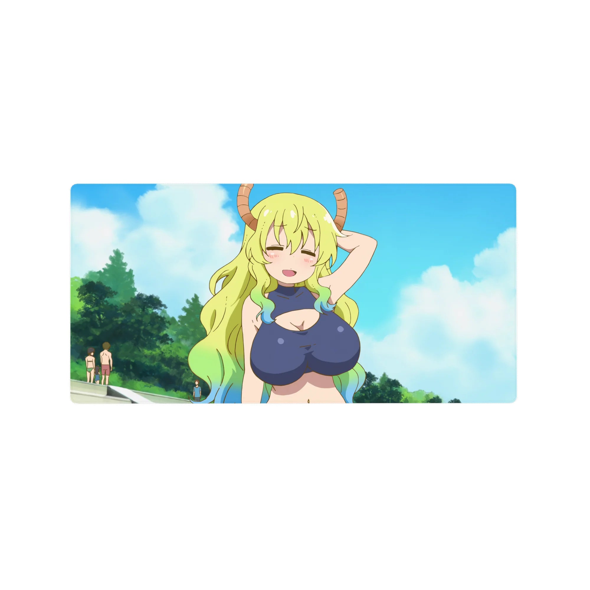 32x16 inches anime girl mouse pad with Tohru smiling, clean lines, clouds backdrop, smooth glide base.