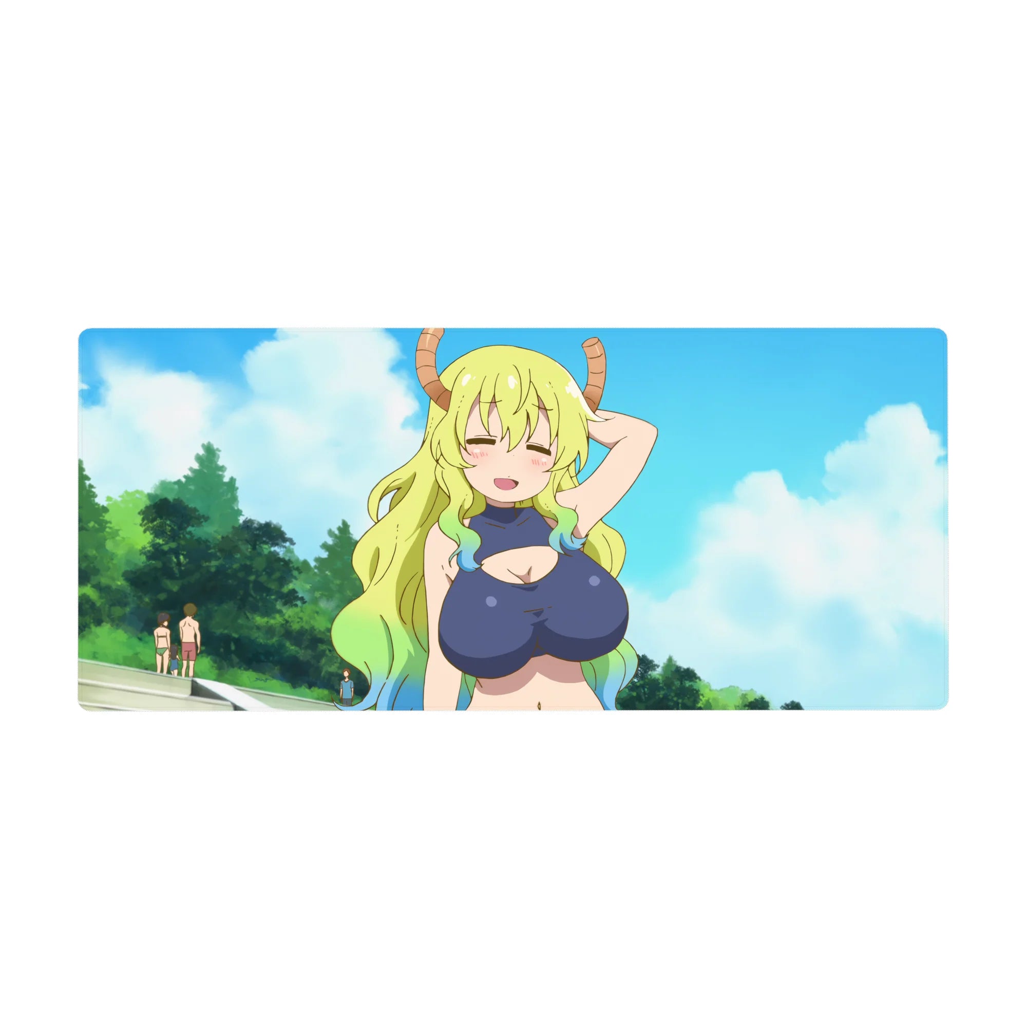 Anime girl desk pad 36x16 inches with Tohru smiling, clouds and sky backdrop, smooth glide and grippy base.
