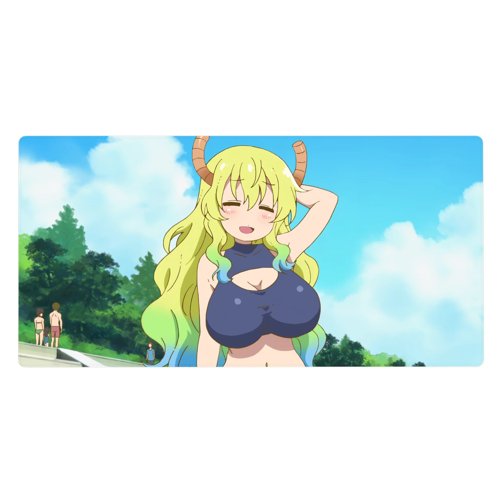Anime girl desk pad 40x20 inches with Tohru smiling, clouds backdrop, smooth glide and grippy base.