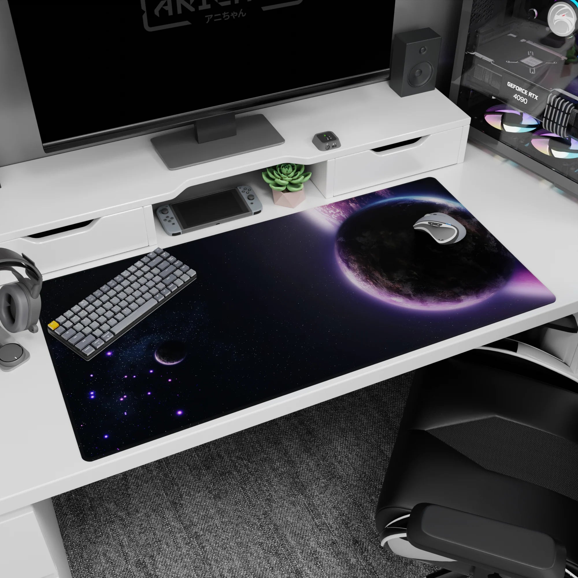 Shadowy planet with glowing purple rim desk pad 40x20 inches, with tiny stars and distant moons.