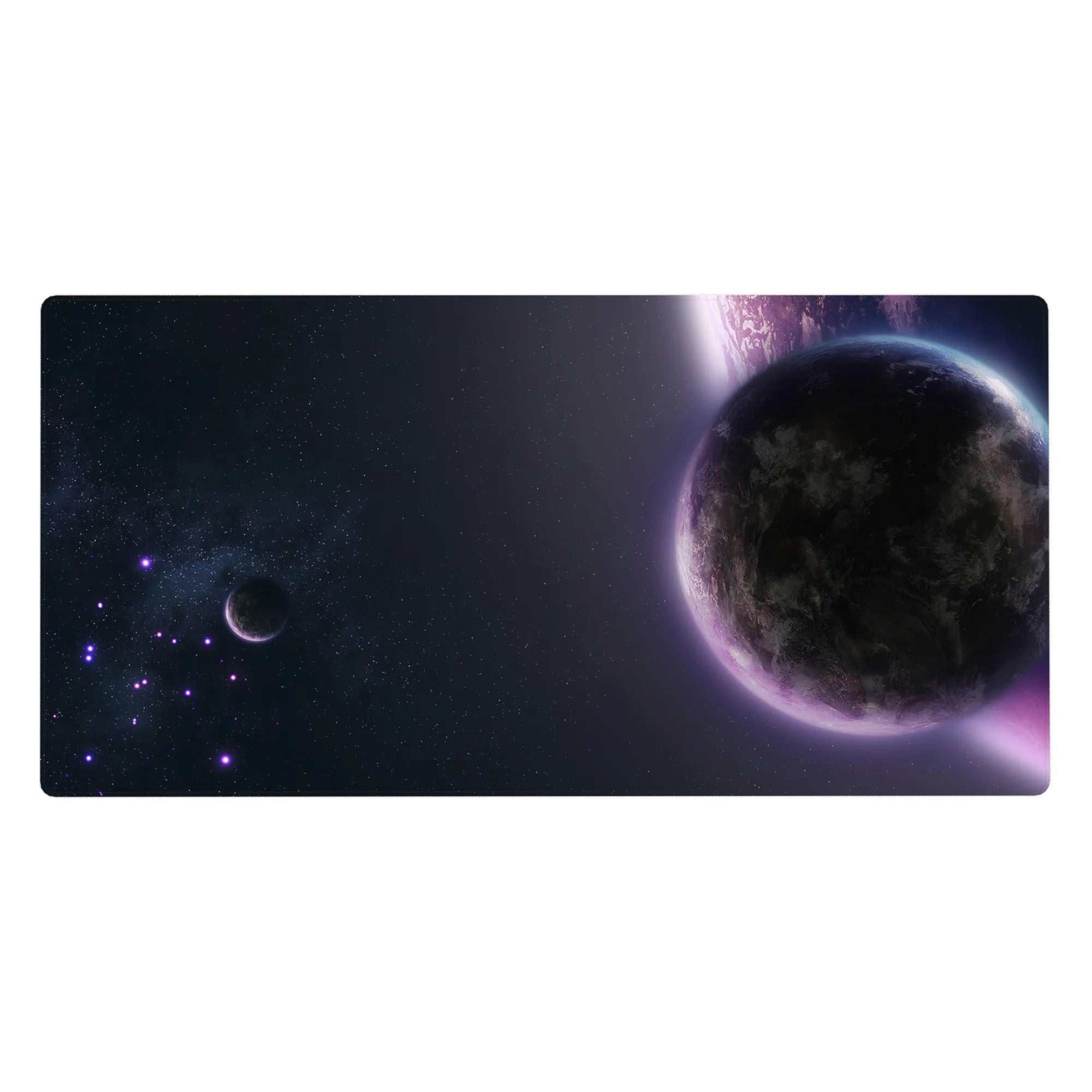 Galaxy night sky desk pad 40x20 inches with starlight specks, violet haze, and planets on the right.