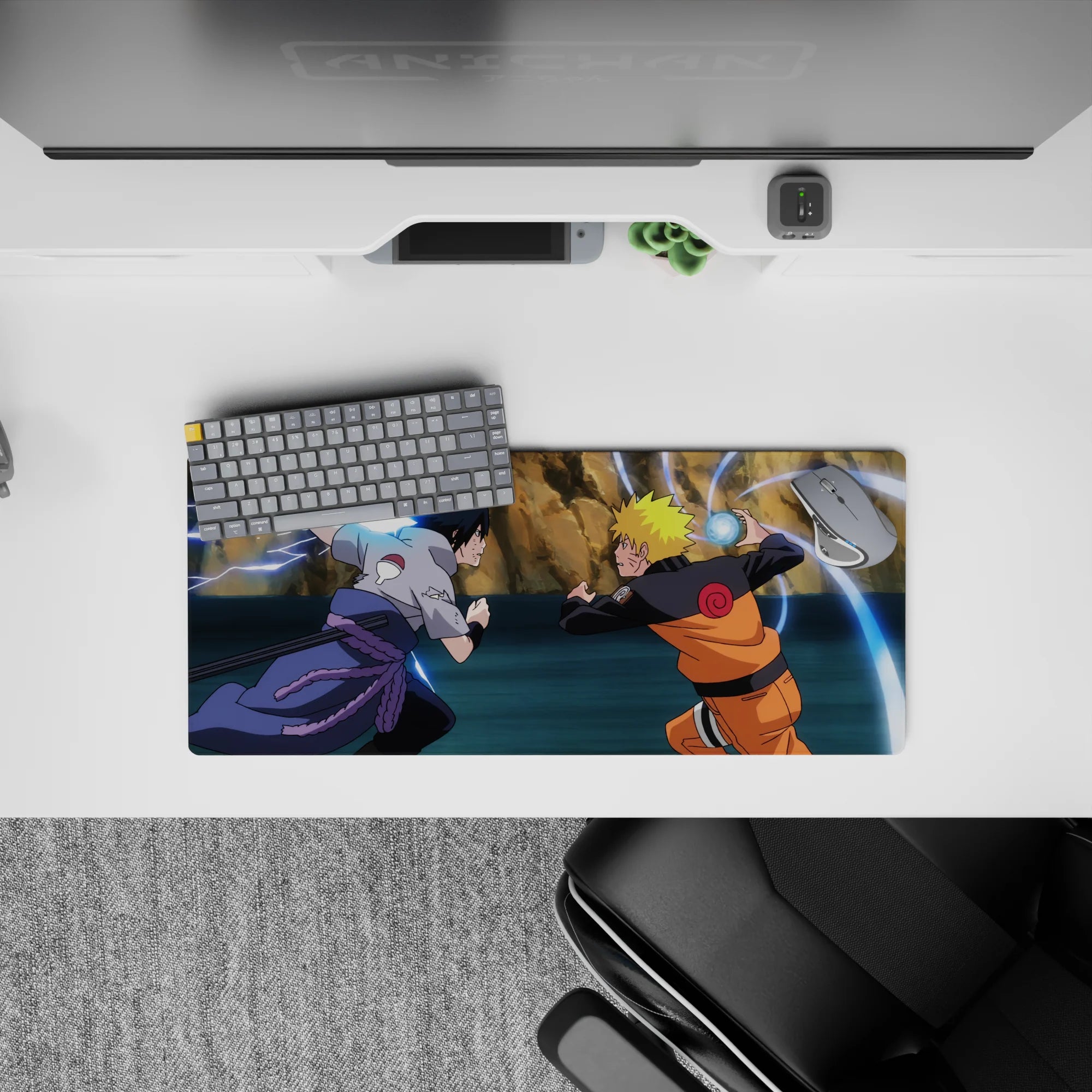 28x12 inches anime desk mouse pad in warm orange vs cool gray with electric blue energy sparks.