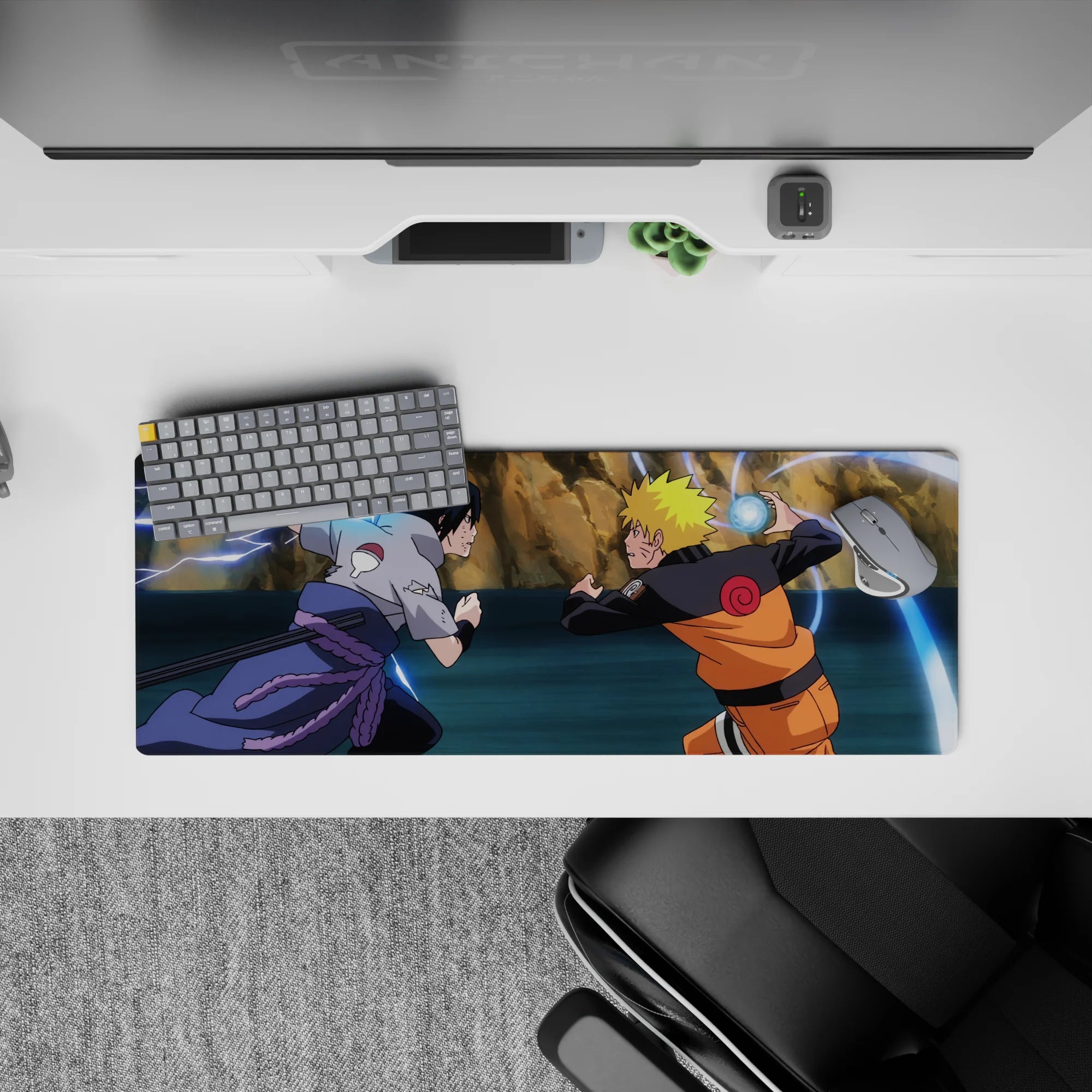 32x12 inches anime mouse pad in warm oranges, cool grays, and electric blues for stormy energy.