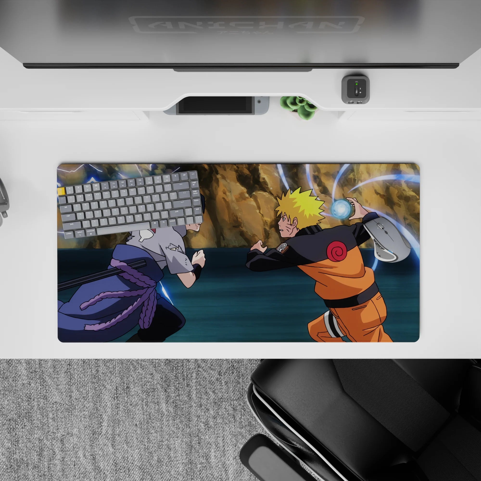 32x16 inches anime mouse pad in warm oranges, cool grays, and electric blue lightning energy.