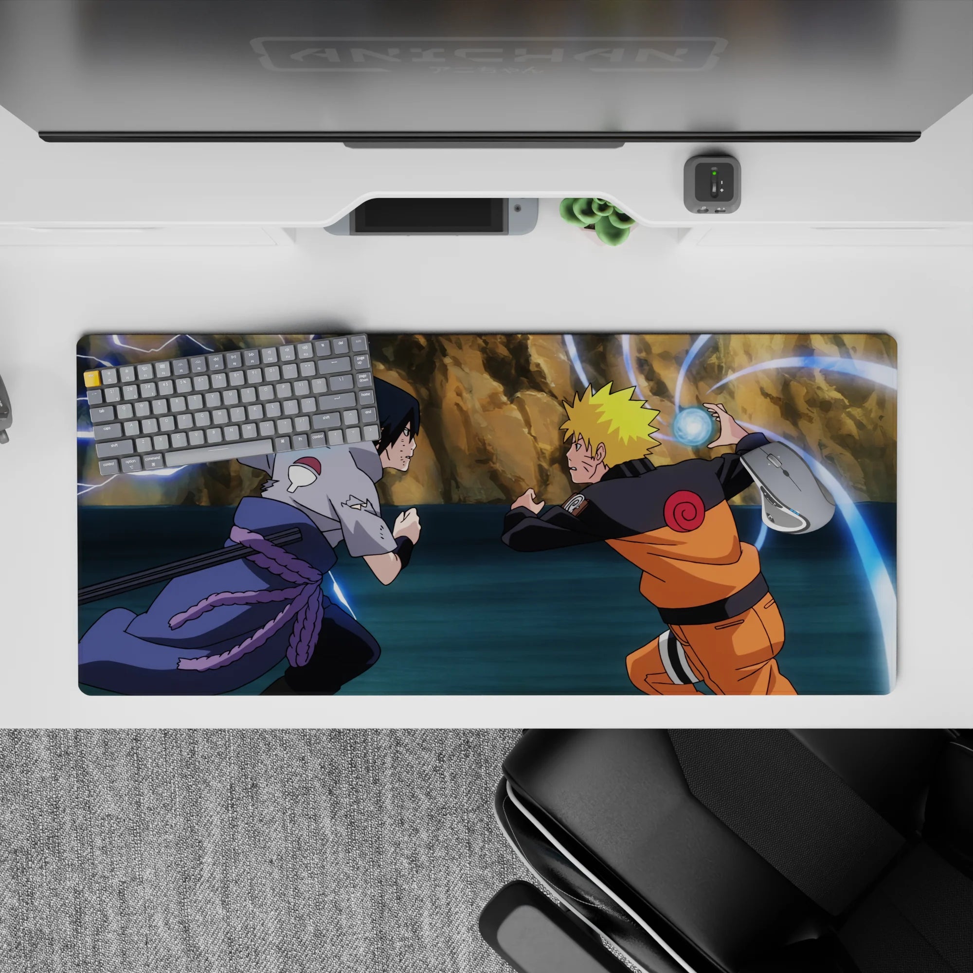 36x16 inches anime desk pad in warm oranges and cool grays with electric blue crackle, high-energy mood.
