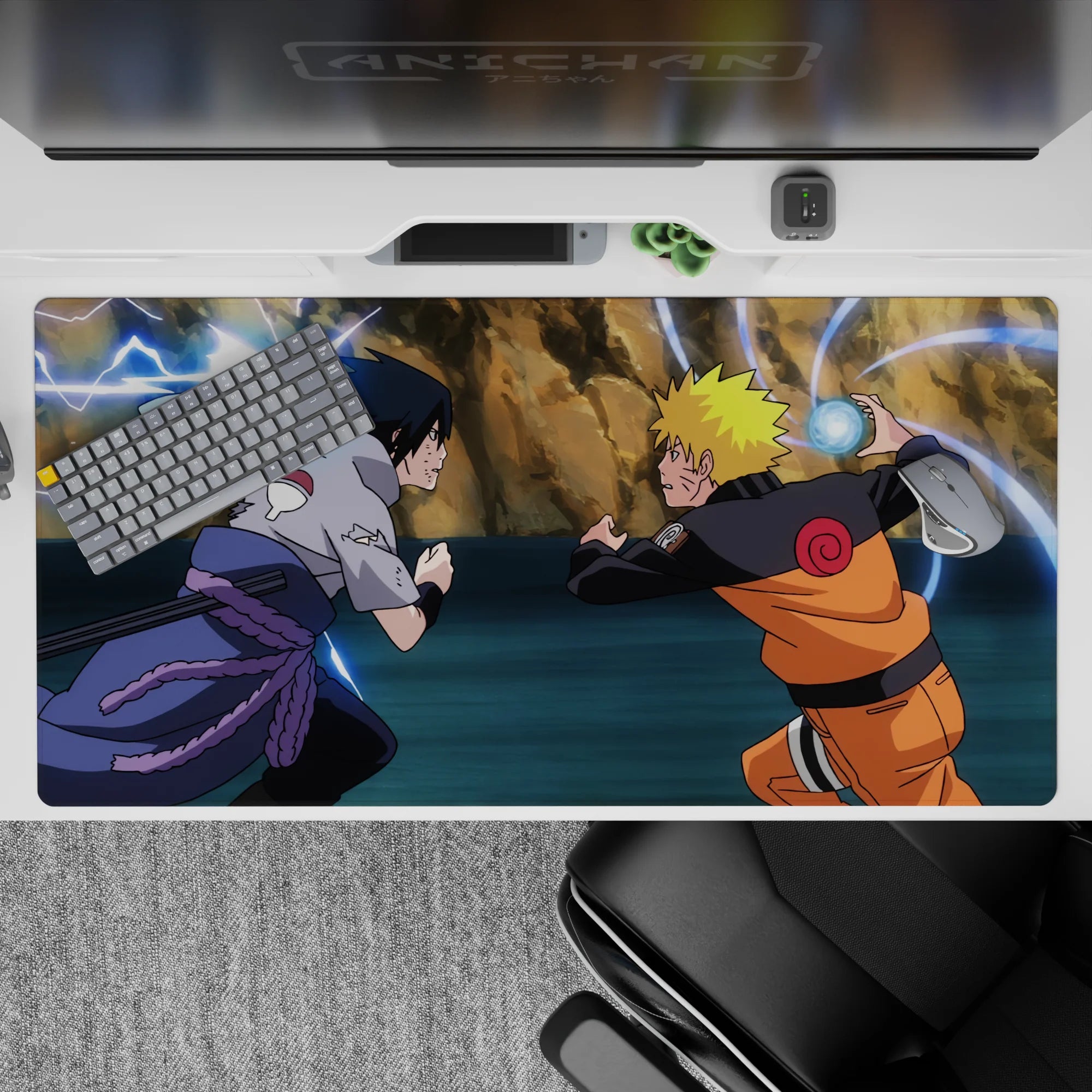 40x20 inches anime desk pad in warm orange and cool gray with electric blue lightning energy.