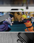 40x20 inches anime desk pad in warm orange and cool gray with electric blue lightning energy.
