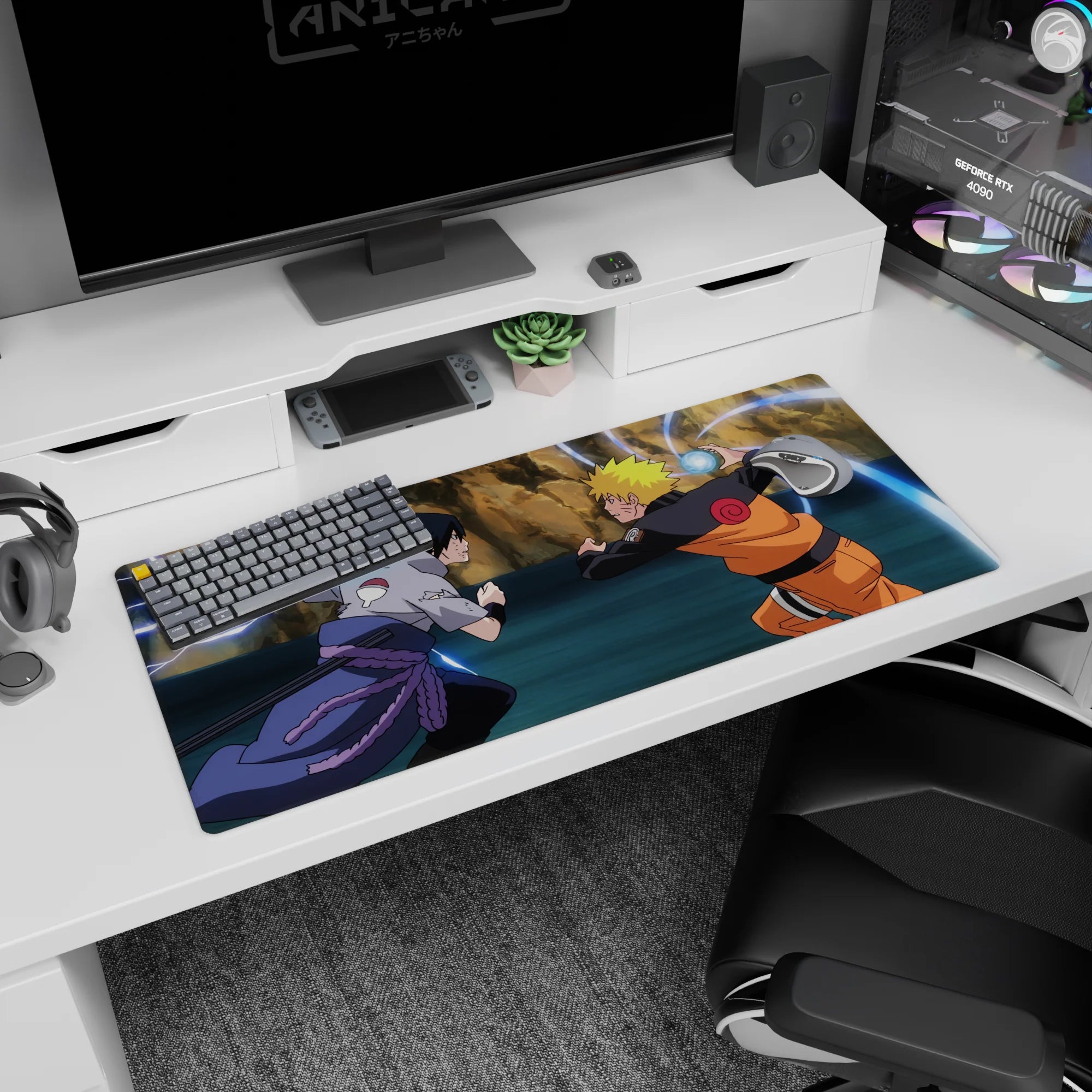 36x16 inches Naruto Shippuden desk pad showing Naruto vs Sasuke, Rasengan clashing with Chidori.