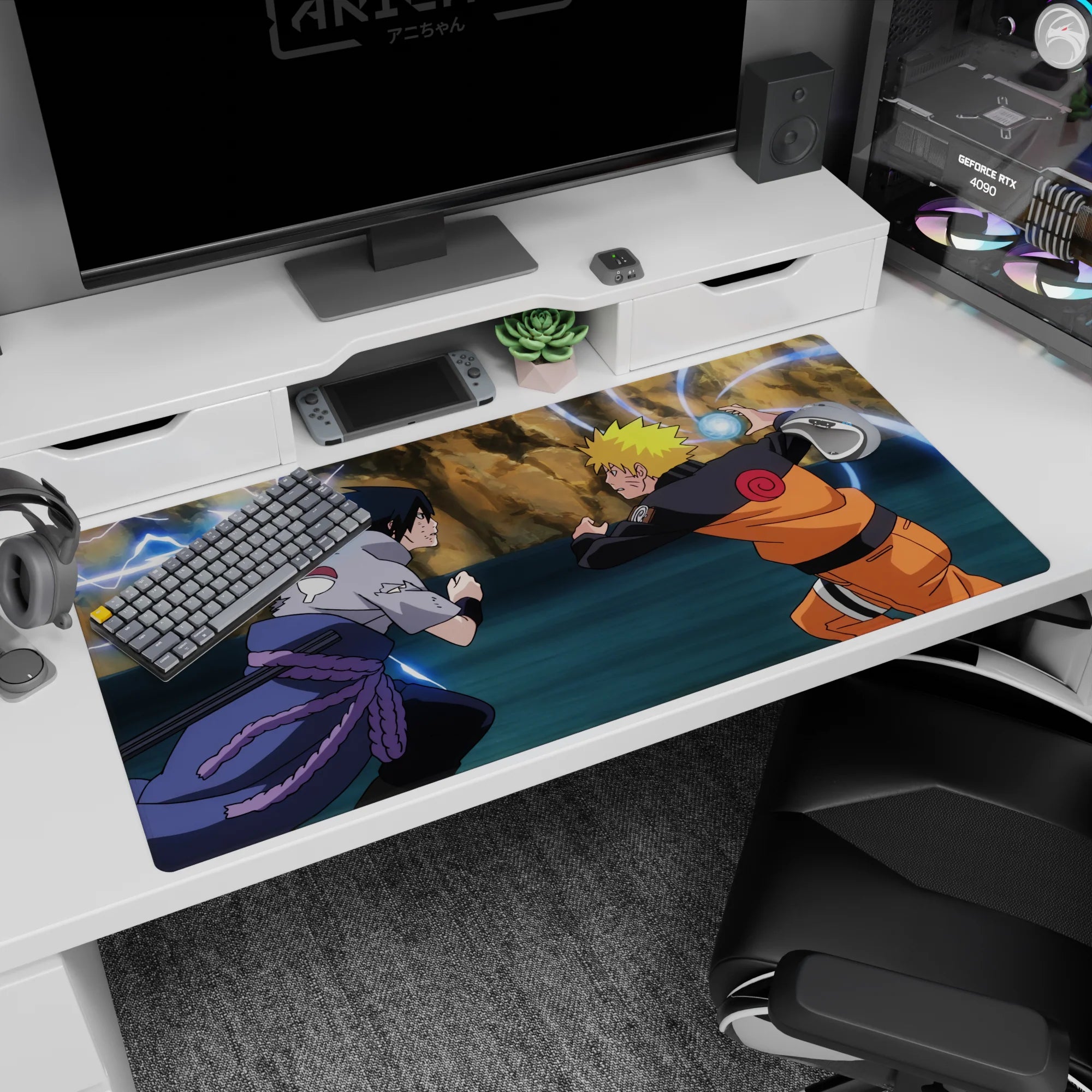 Naruto Uzumaki and Sasuke Uchiha clash on 40x20 inches desk pad, Rasengan meets Chidori sparks.