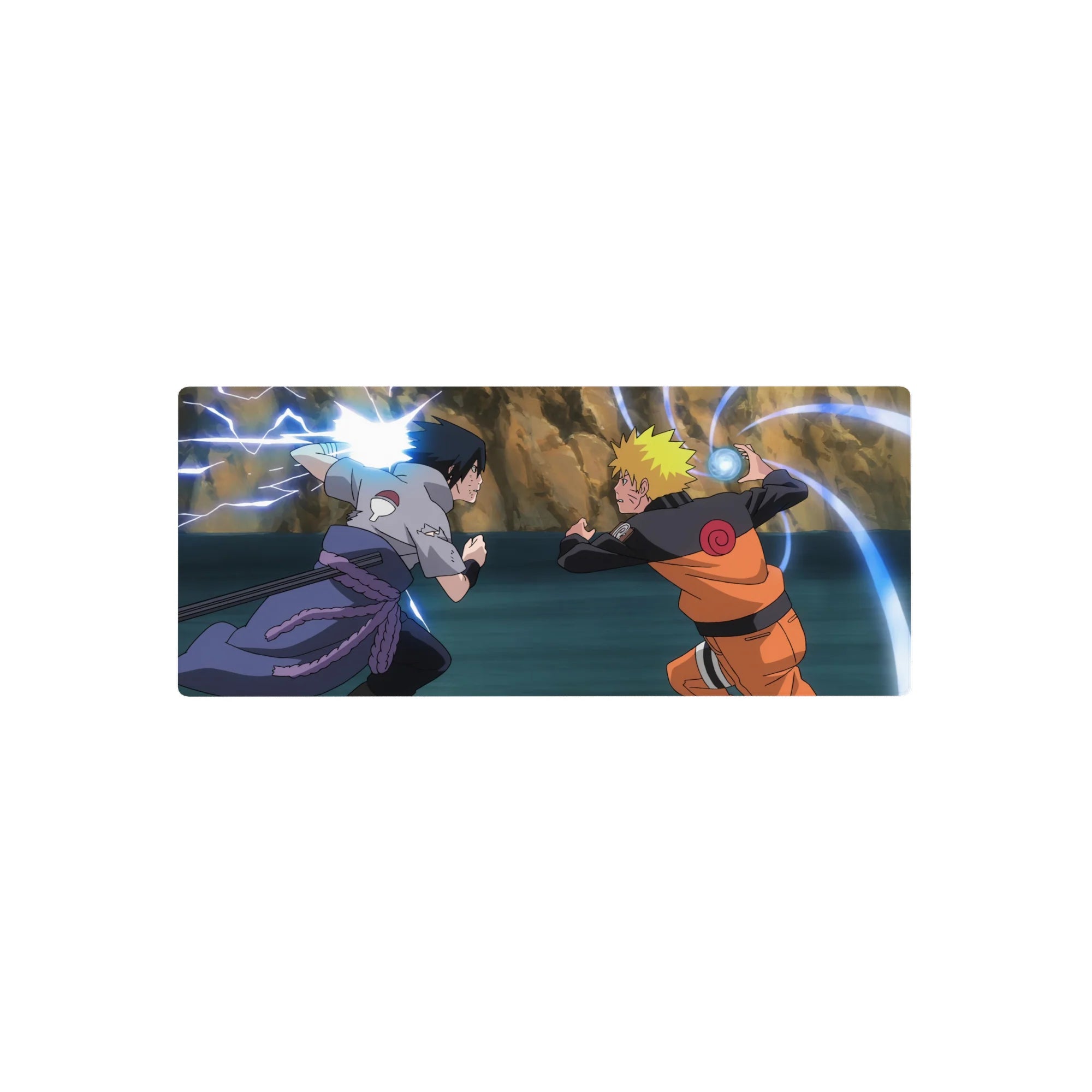 28x12 inches anime mouse pad with swirling patterns, rocky backdrop, and lightning clash artwork.