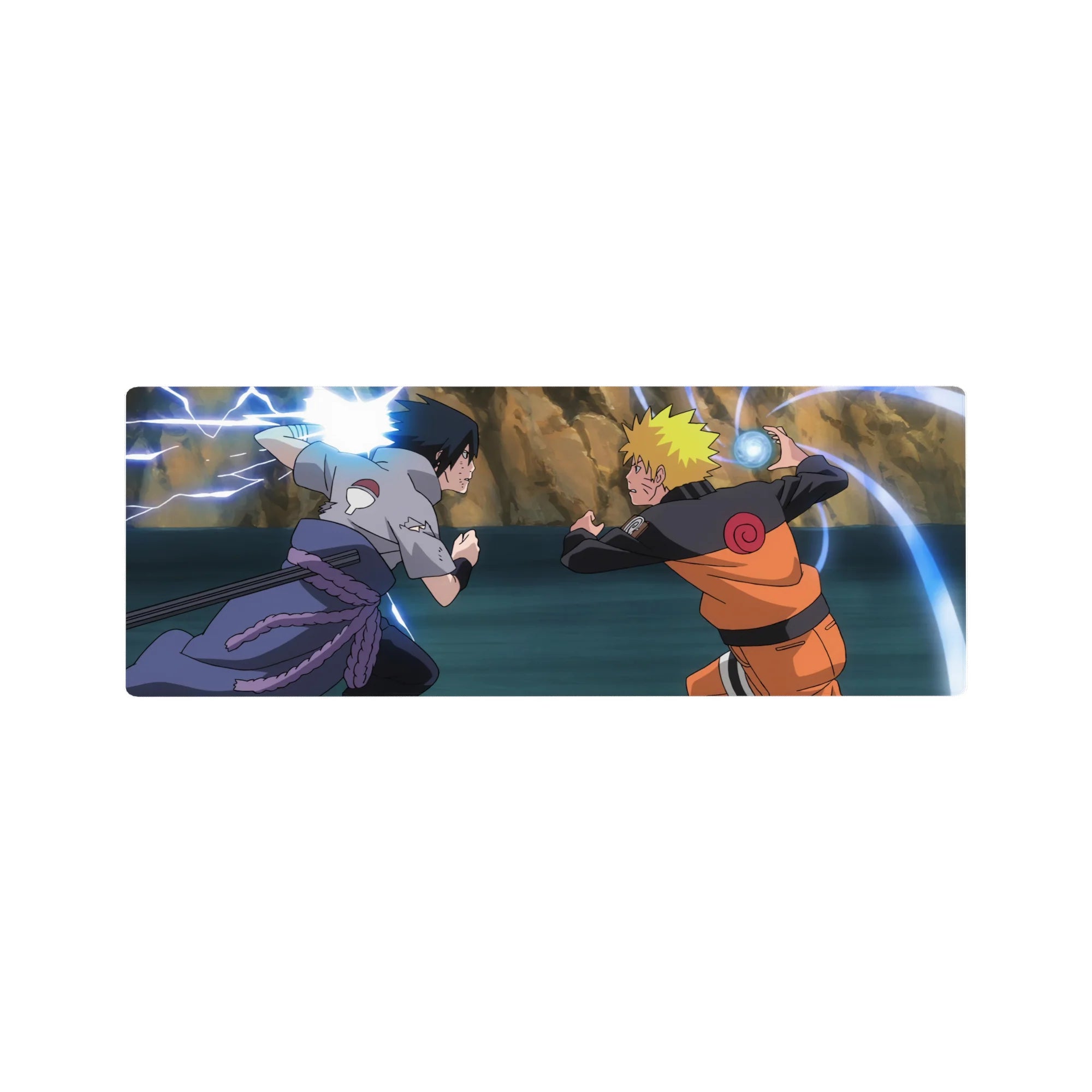 32x12 inches anime mouse pad with bold swirl patterns and rocky backdrop, rivalry clash artwork.