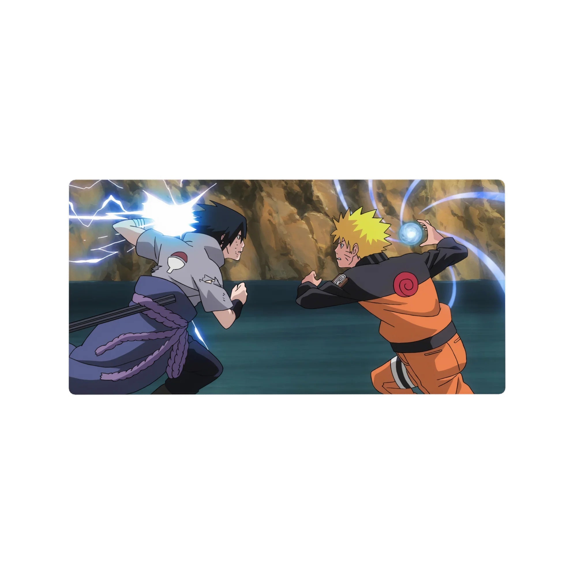 32x16 inches anime mouse pad with Naruto vs Sasuke clash, swirling patterns and rocky backdrop.