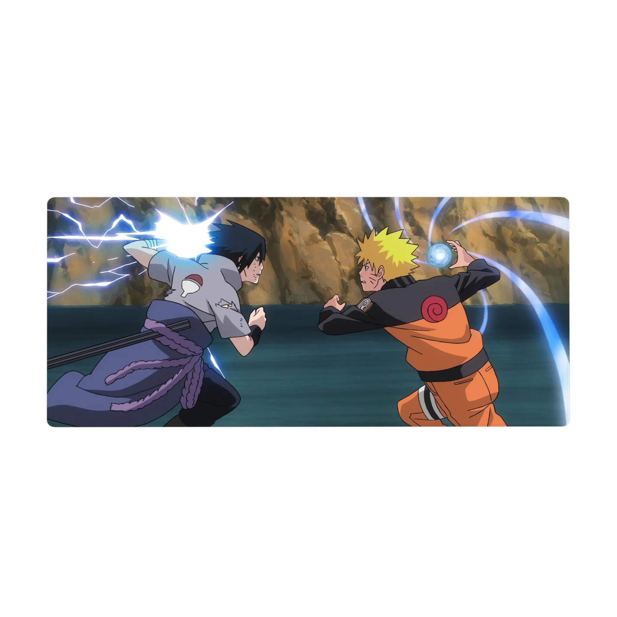 36x16 inches anime desk pad with rivalry swirl patterns, rocky backdrop, and dynamic lightning effects.