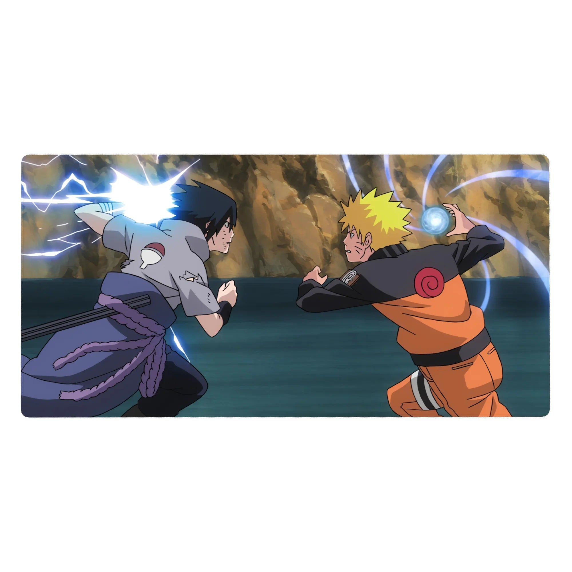 Naruto Shippuden rivalry anime desk pad 40x20 inches with Rasengan vs Chidori on rocky backdrop.