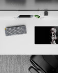 Dark black anime mouse pad 14x10 inches with sharp red eyes, icy grin, and moody gothic vibe.