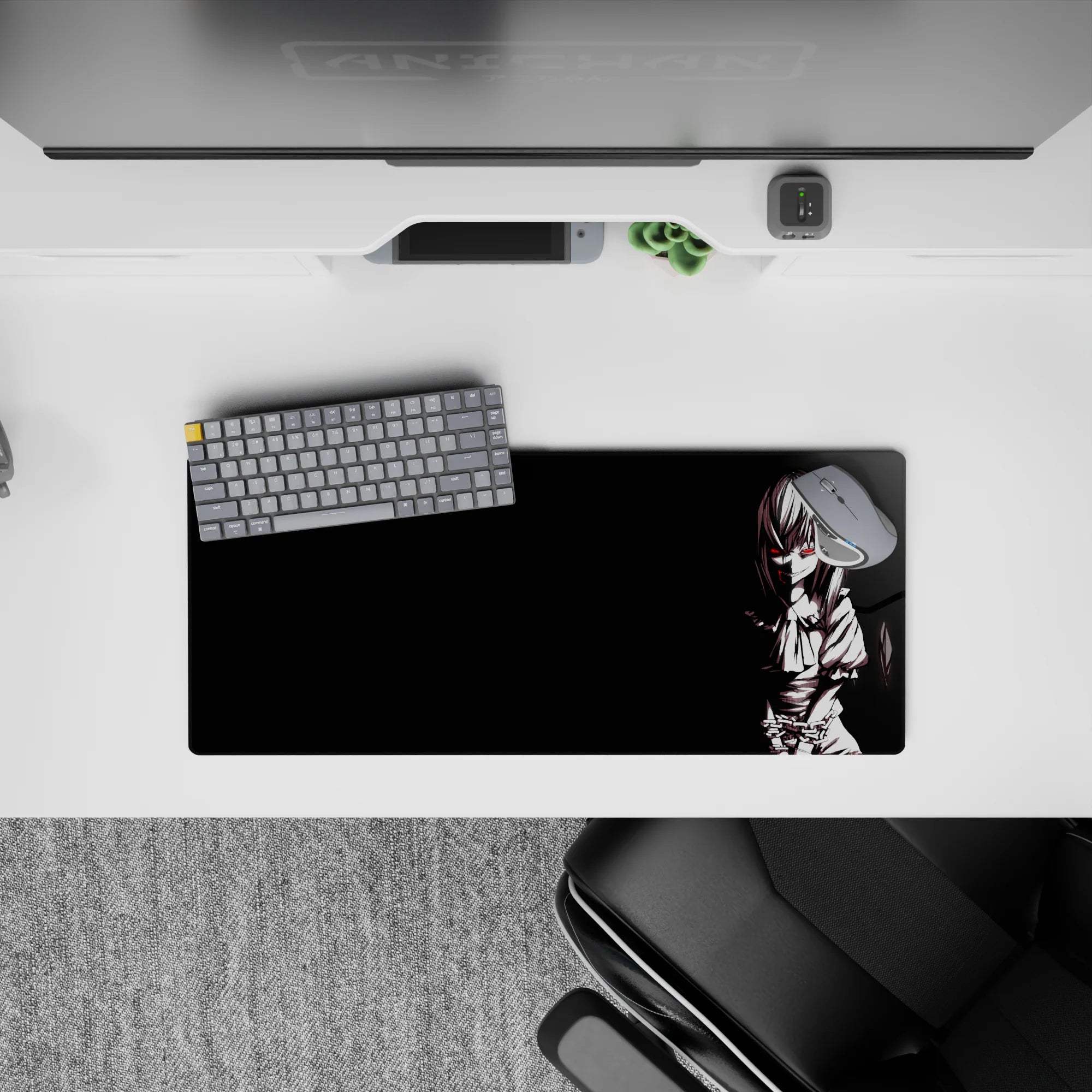 28x12 inches black anime mouse pad with moody red-eyed vibe and sharp white line art for clean desk style.