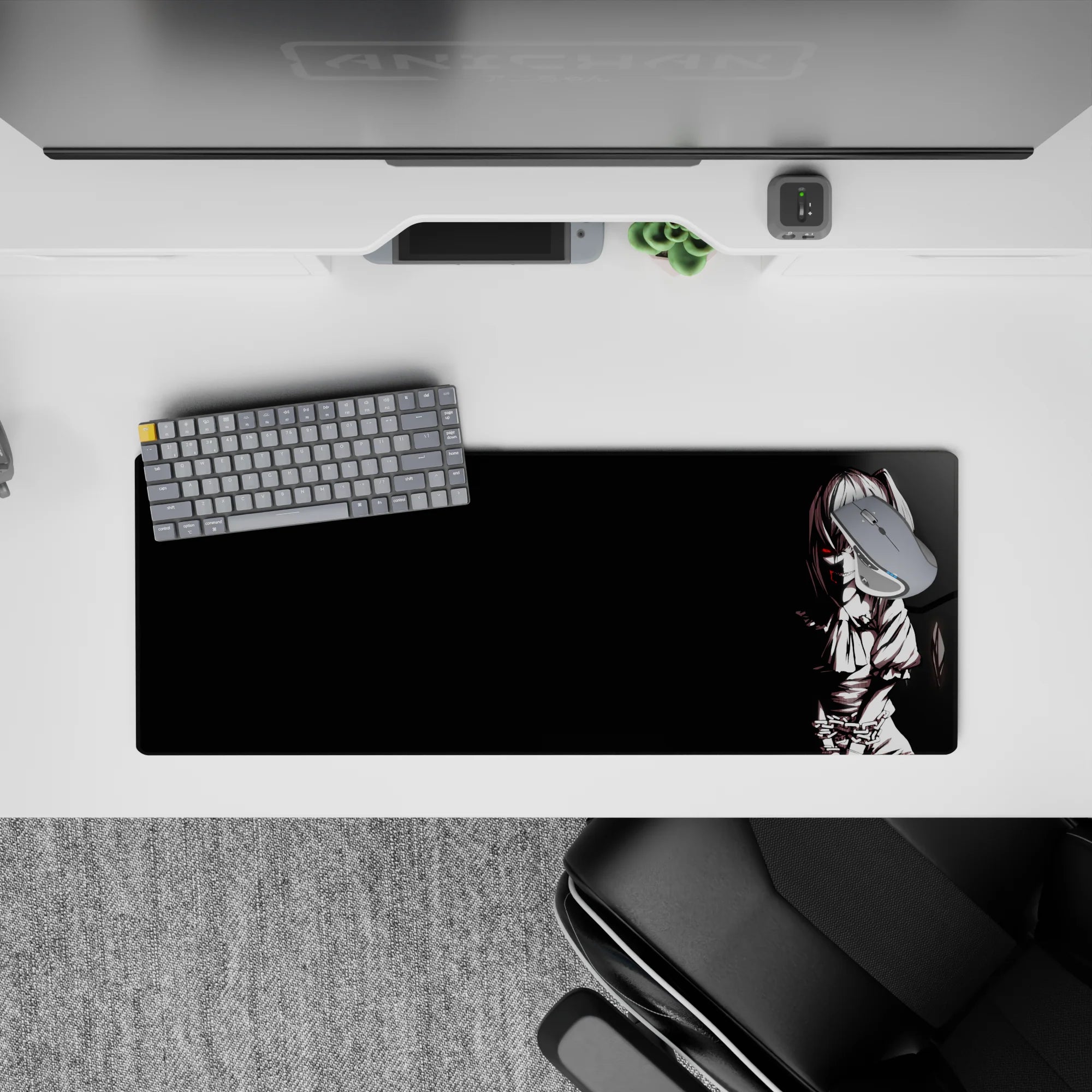 32x12 inches black mouse pad with moody white linework, icy grin, and sharp gothic vibe.