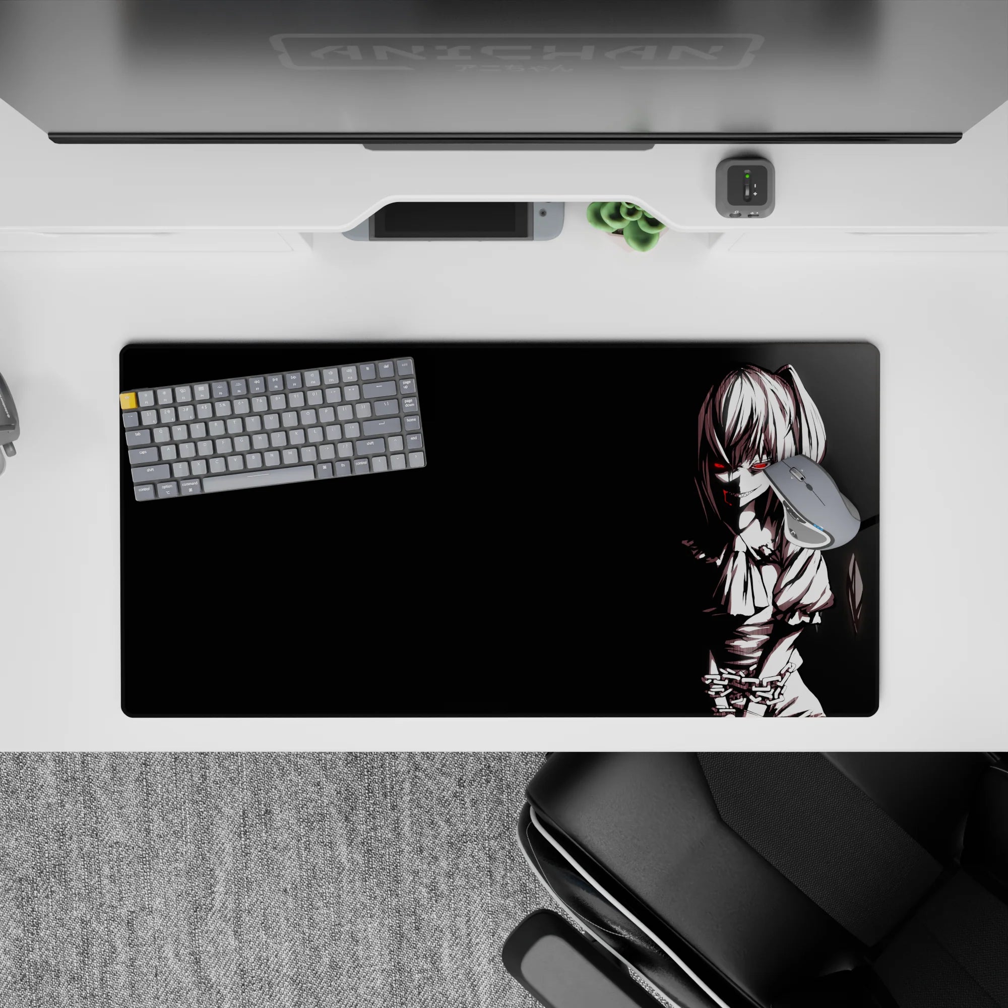 32x16 inches moody black anime mouse pad with sharp white line art, red-eyed grin, edgy vibe.