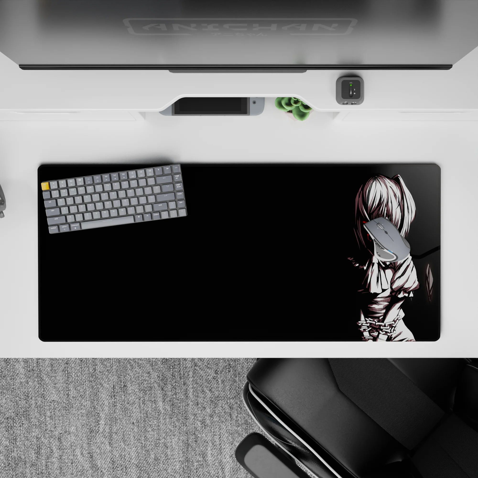 Dark moody anime desk pad 36x16 inches in deep black with sharp white line art and red-eyed glare.