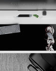 Dark moody anime desk pad 36x16 inches in deep black with sharp white line art and red-eyed glare.