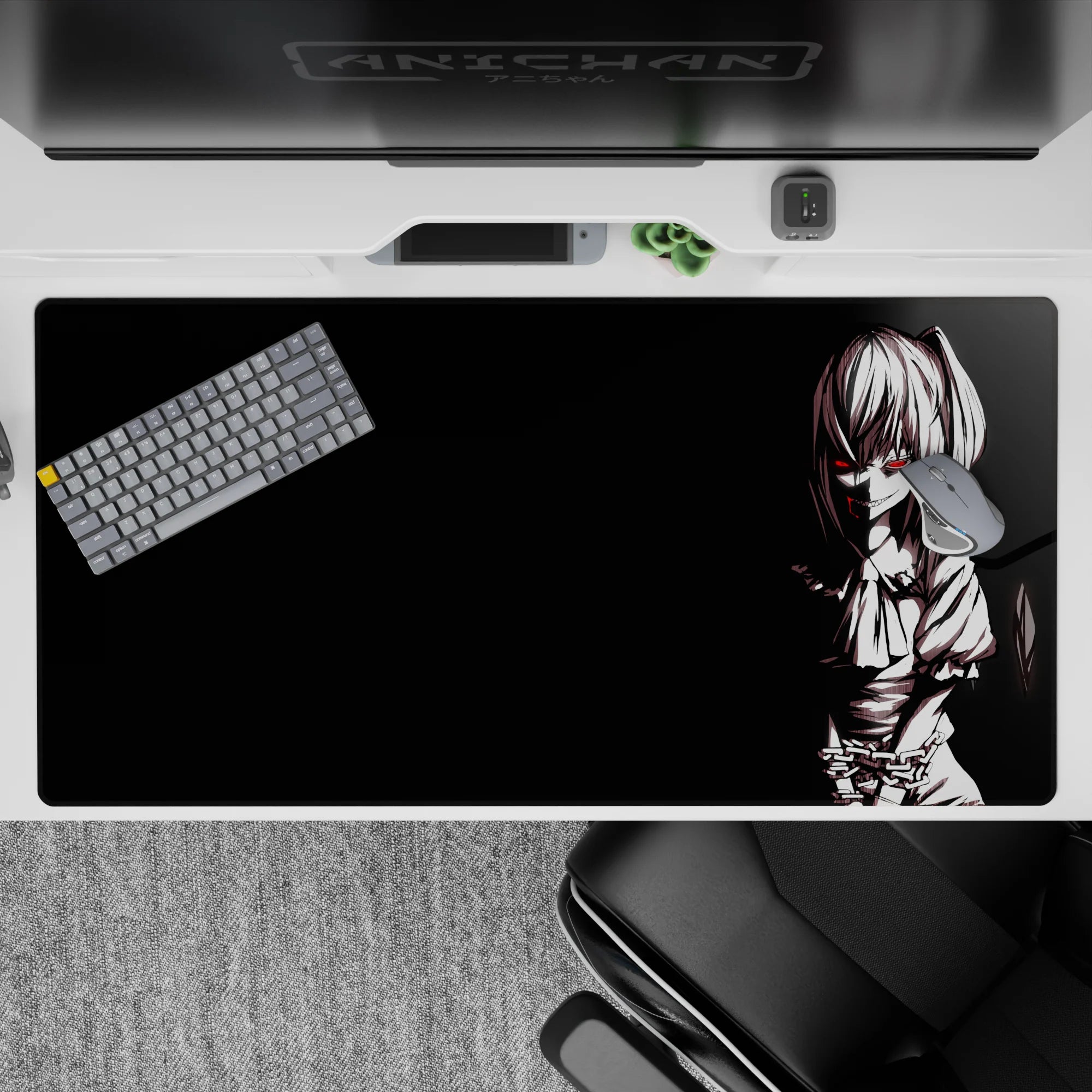 Dark black anime desk pad 40x20 inches with moody white line art and edgy hypnotic vibes.