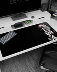 Junko Enoshima-inspired anime girl desk pad 40x20 inches, icy smile, red eyes, twin tails.