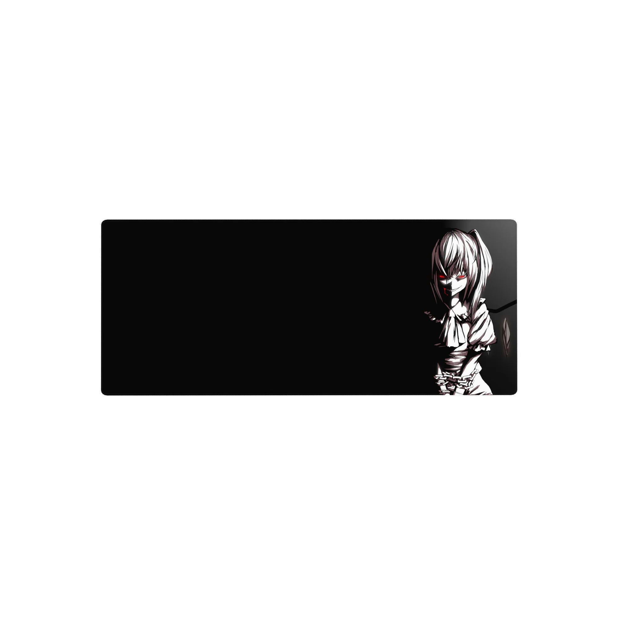 28x12 inches anime girl mouse pad with dark twin-tail character, white sketch lines, and chain accents.