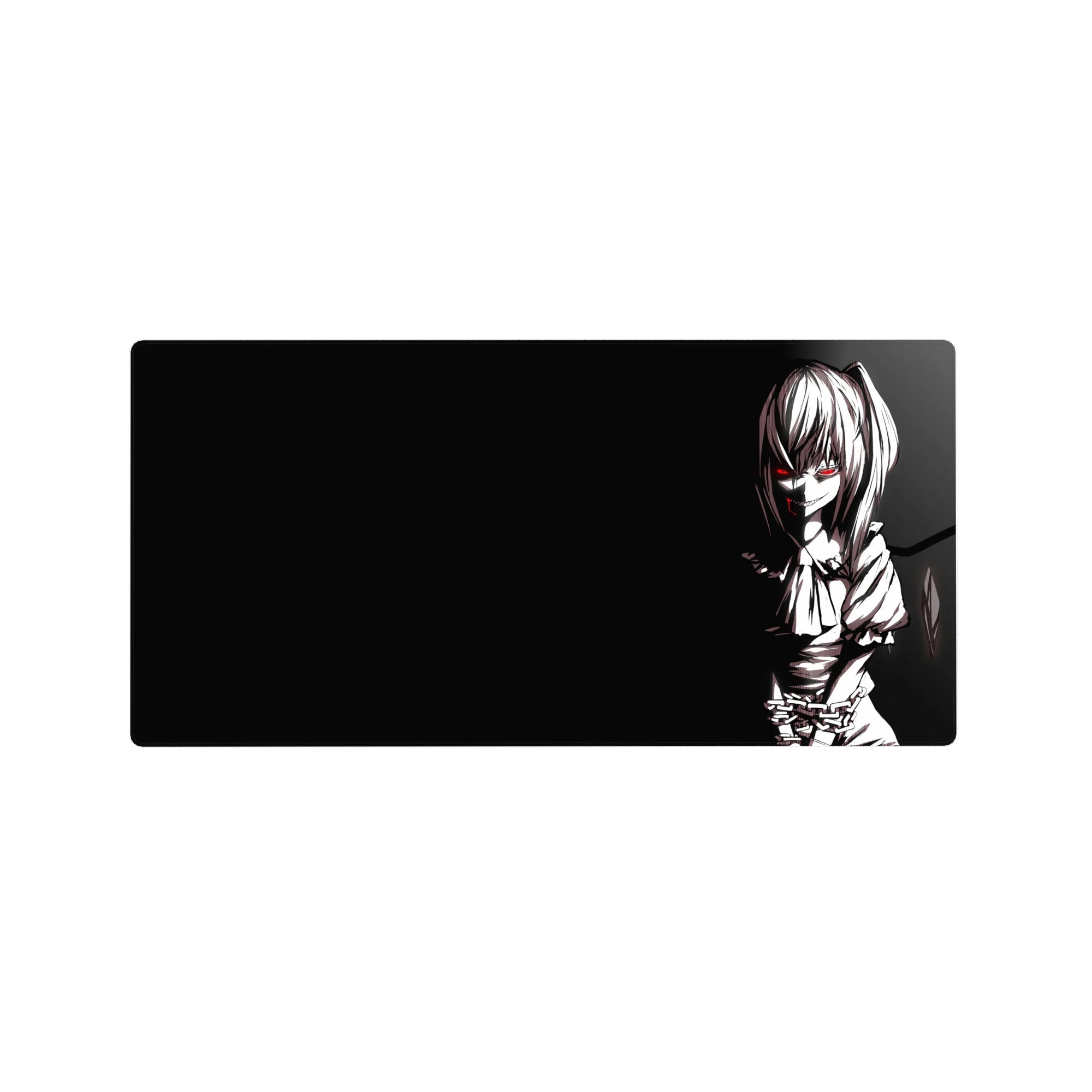 32x16 inches anime girl mouse pad with dark black base, white sketch lines, chains, and twin tails.