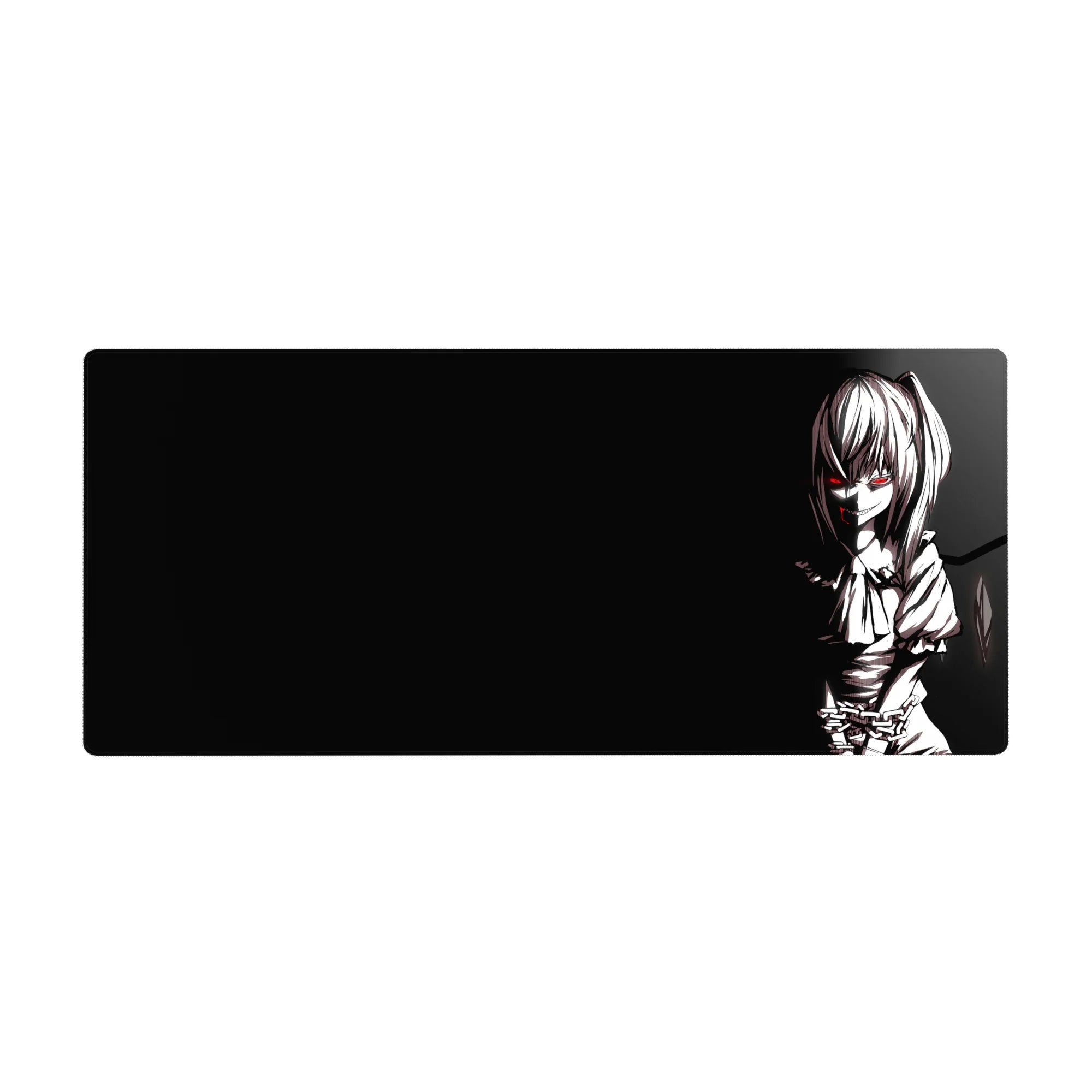 Anime girl desk pad 36x16 inches with black background, white sketch lines, chains, and twin tails.