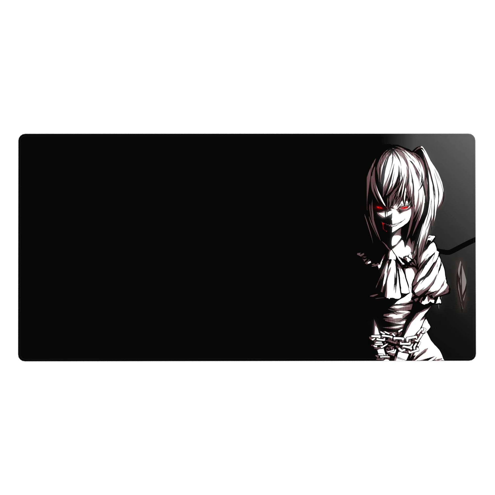 Anime girl desk pad 40x20 inches with twin-tail sketch art, chains, and sharp red-eyed grin.