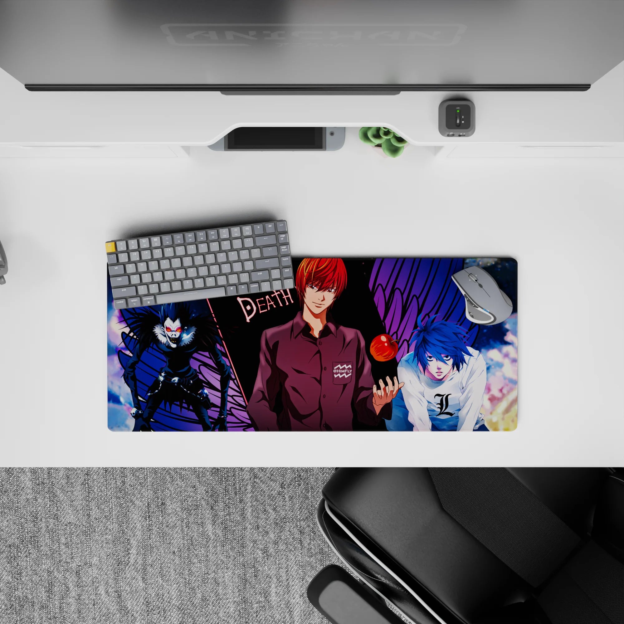 Neon red, deep black, and electric blue 28x12 inches anime mouse pad with dark late-night vibe.
