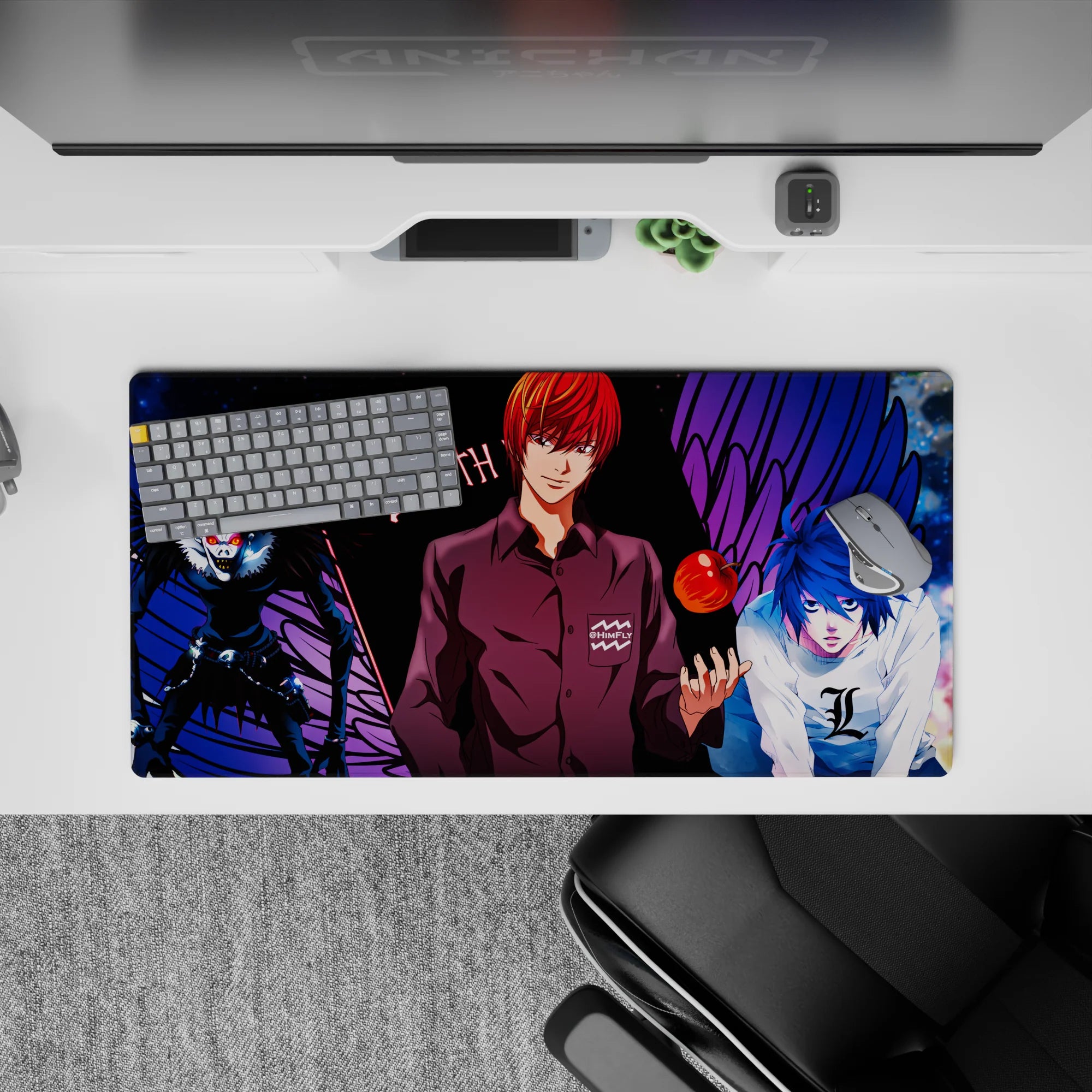 32x16 inches anime mouse pad in neon reds, deep blacks, and electric blues for a dark late-night vibe.