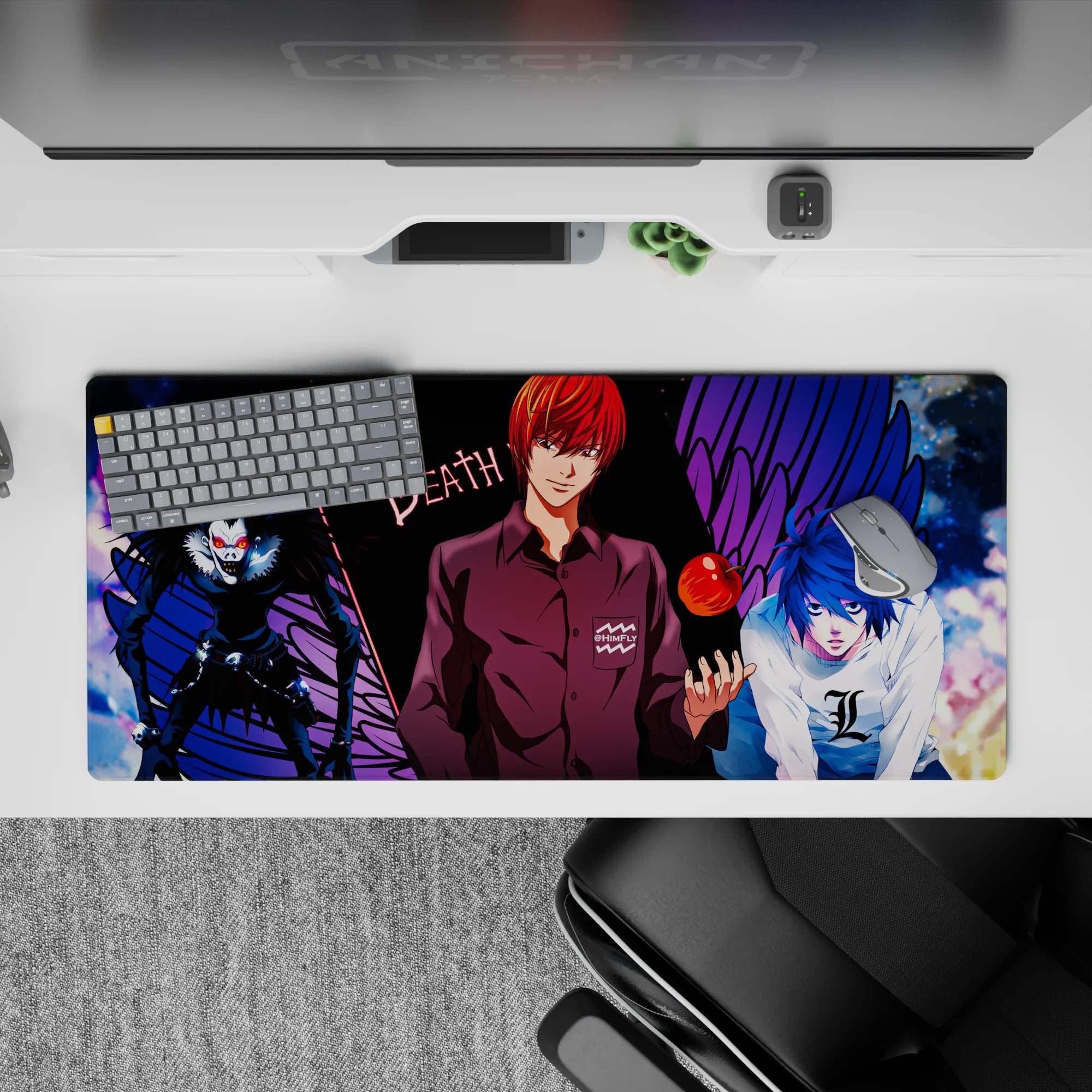 Neon red, deep black, and electric blue 36x16 inches anime desk pad with dark late-night vibe.