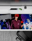 Neon red, deep black, and electric blue 36x16 inches anime desk pad with dark late-night vibe.