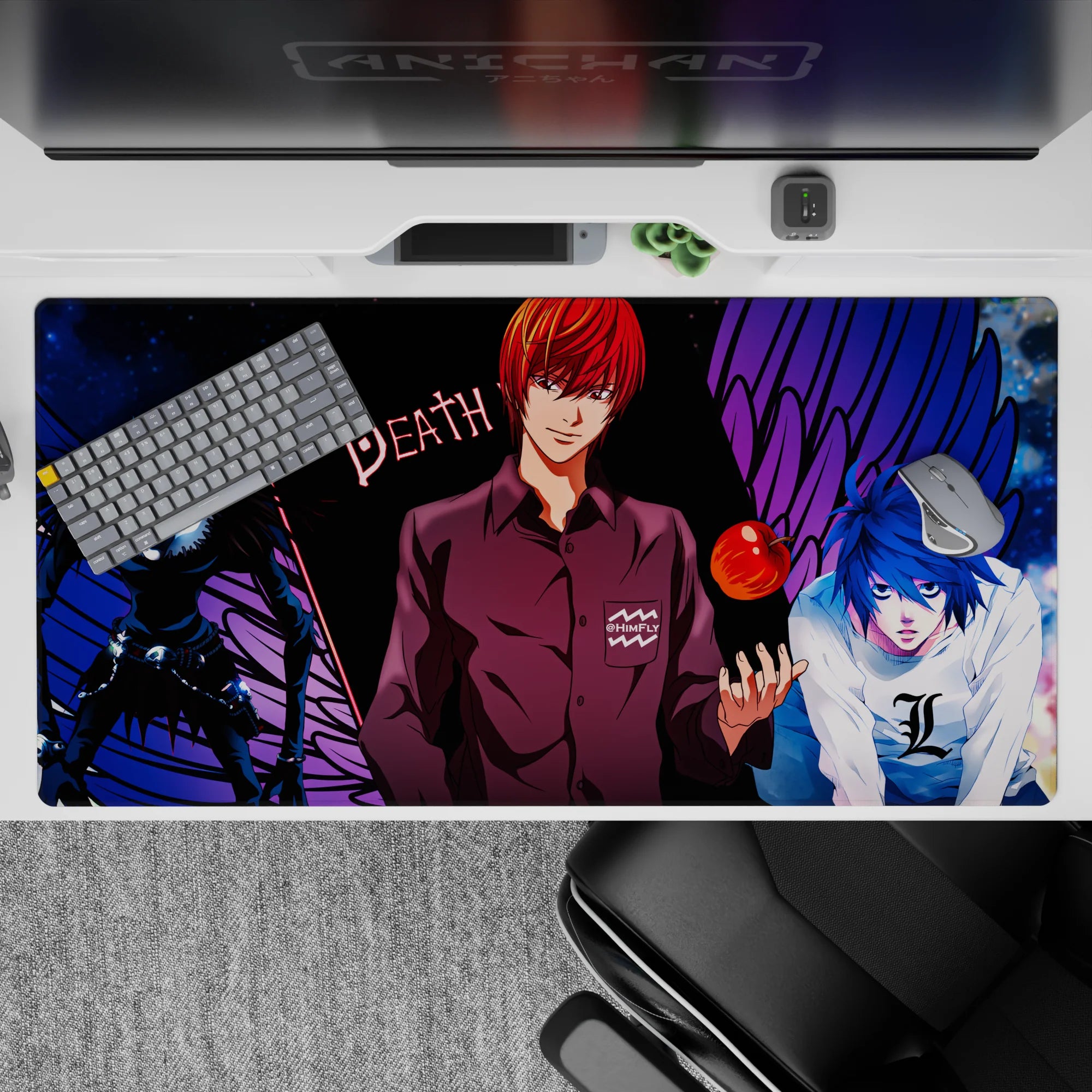 Neon red, deep black, and electric blue anime desk pad 40x20 inches with dark late-night vibe and bold art.