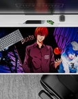 Neon red, deep black, and electric blue anime desk pad 40x20 inches with dark late-night vibe and bold art.