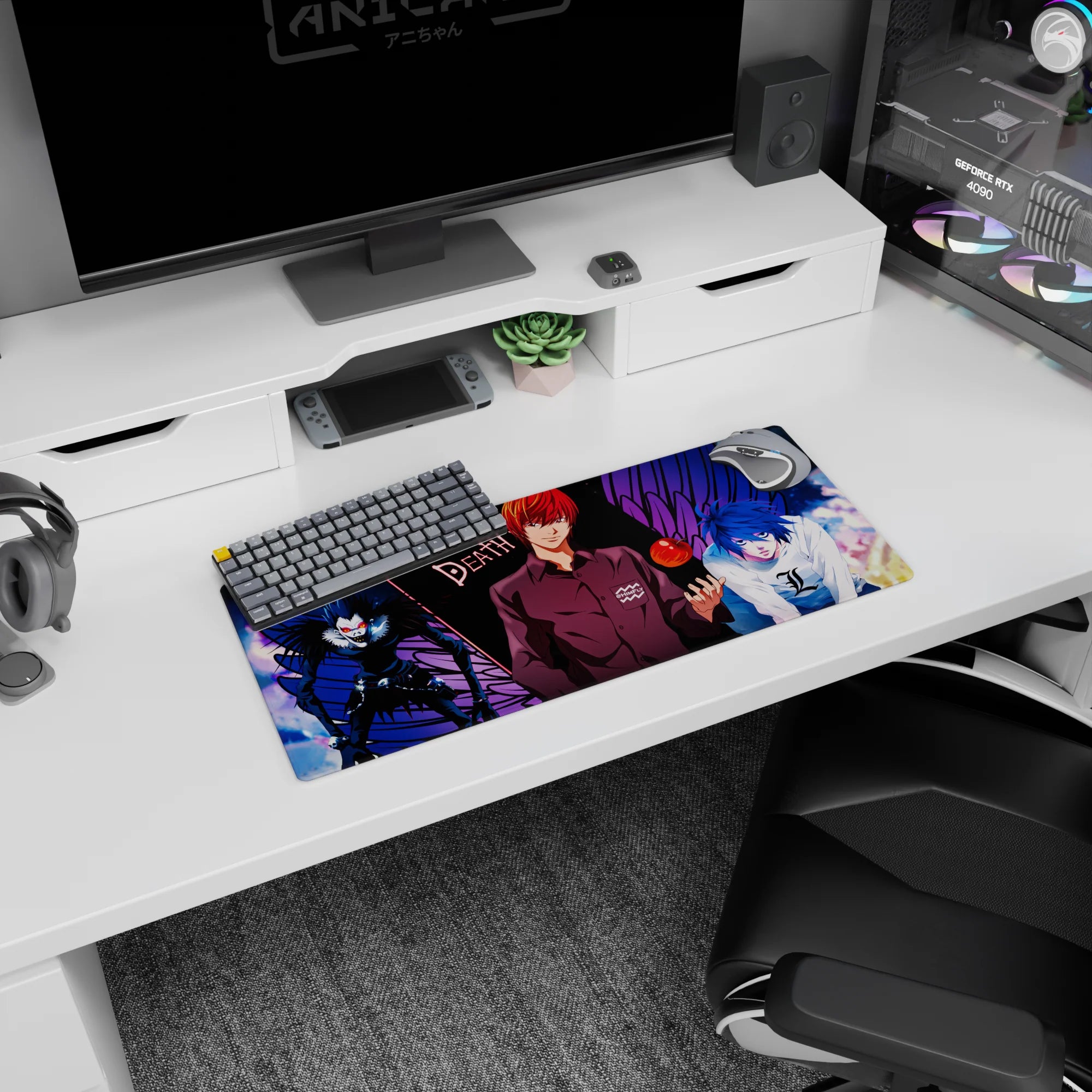 Light Yagami smirking with Ryuk behind and L staring close on a 28x12 inches anime mouse pad.
